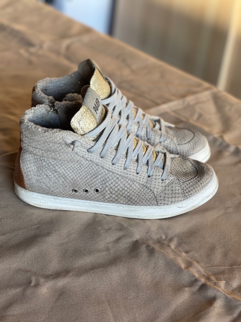 Beige Suede High-Top Sneakers With Gold Tongue And Brown Heel